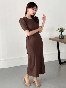 FRIFUL 泡泡袖镂空腰长裙太阳裙 - 棕色 - 查看 2