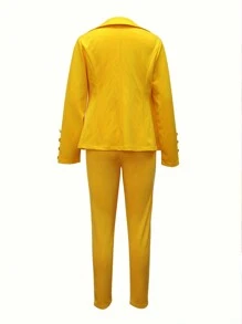 EMERY ROSE Women's Spring And Autumn Classy Lapel Collar Long Sleeve Single Breasted Blazer Jacket And Pants Commuting Suit Set - Yellow - View 2