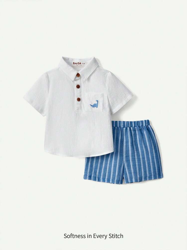 Baby Boys' Cute Dinosaur Pattern Short Sleeve Top And Striped Shorts 2pcs Outfit