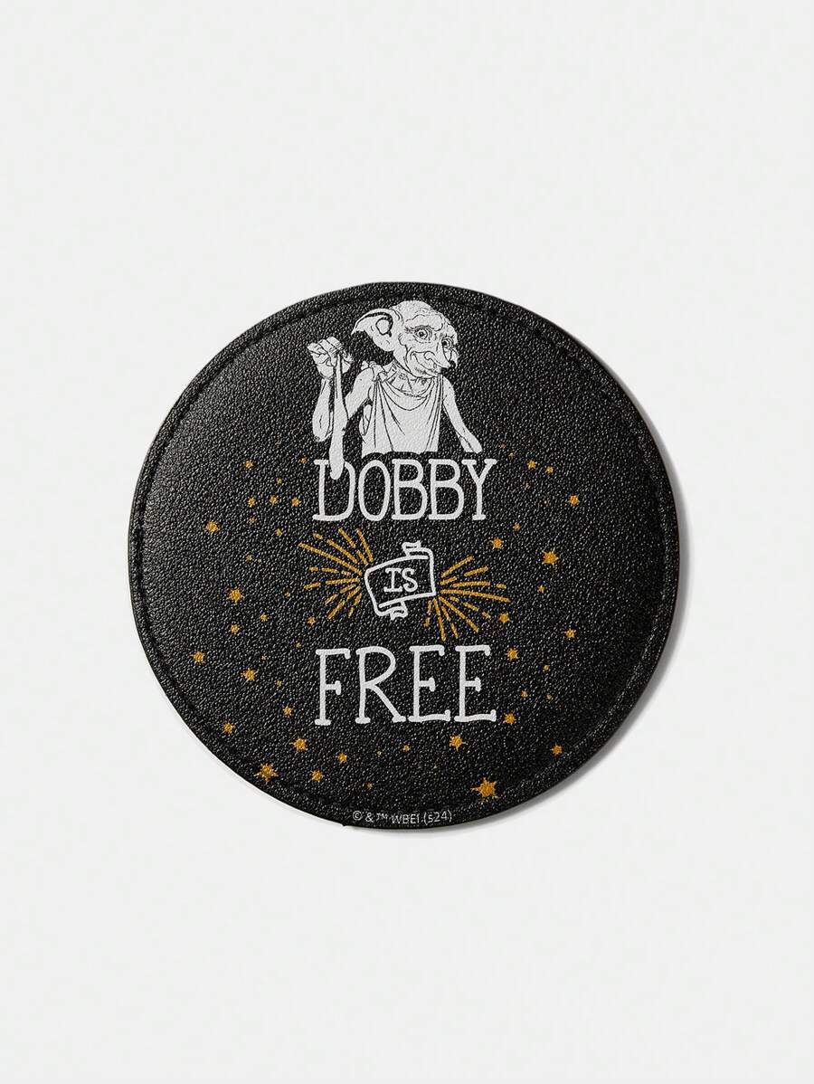 HARRY POTTER X SHEIN Dobby Cartoon & Letter Printed Round Cup Coaster,Gifts - Black - View 1