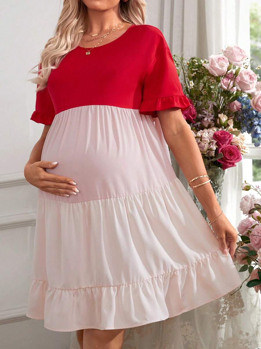 SHEIN Maternity Slouchy Loose Fit Short Sleeve Colorblock Knee Length Dress With Round Neckline, Suitable For Spring And Summer - Multicolor - View 1