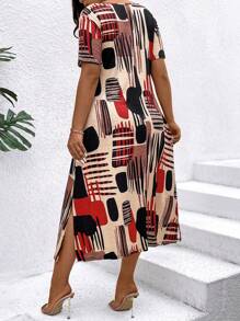 SHEIN LUNE Plus Size Casual Color Block Round Neck Short Sleeve Dress For Summer - متعدد الألوان - مشاهدة 2