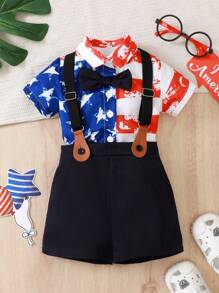 4th Of July Gentleman American Flag Print Bow Decorated Shirt + Solid Color Overall Shorts Two-Piece Suit For Baby Boys Toddler Kids, Suitable For Summer Occasions - Multicolor - View 3