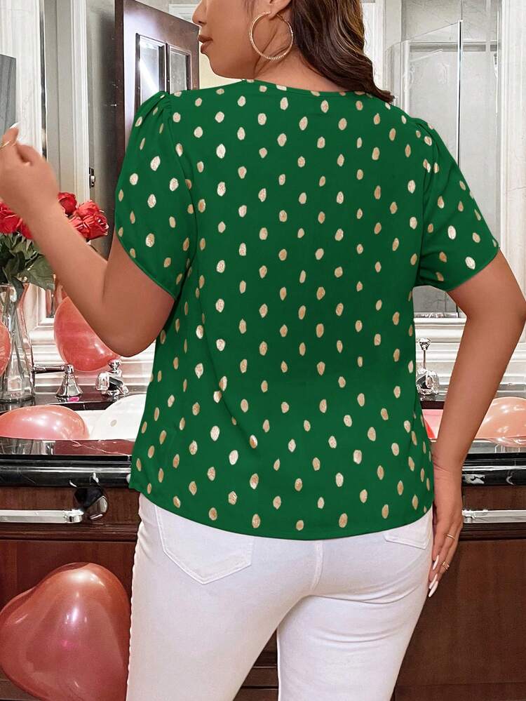Fashionable Polka Dot Elegant Loose Short Sleeve Shirt With V-Neck For Plus Size Women