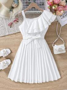SHEIN Tween-Mädchen Weißes Kleid mit asymmetrischem Ausschnitt und Rüschenbesatz für den Sommer