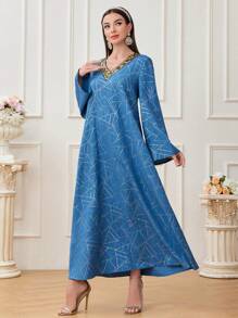 Al Najma Women's Geometric Printed Patchwork Sequined Long Sleeve Arabian Dress