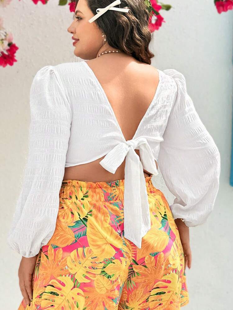 Plus Size Spring/Summer Twisted Texture Lantern Sleeve Cropped Top