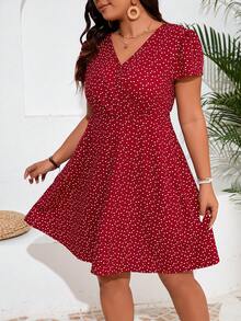 SHEIN Frenchy 加大尺碼夏季休閒拼接波點印花A字裙 - 紅色 - 查看 6