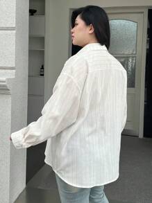 Dazy Petite Plus Plus Size Striped Drop Shoulder & Patchwork & Pocket Detail Shirt,Back To School Clothes Long Sleeve Top - Apricot - View 2