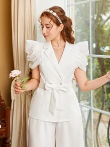 Teen Girl Solid Color Gigot Sleeve Top And Wide Leg Pants, 2pcs/Set, Spring/Summer