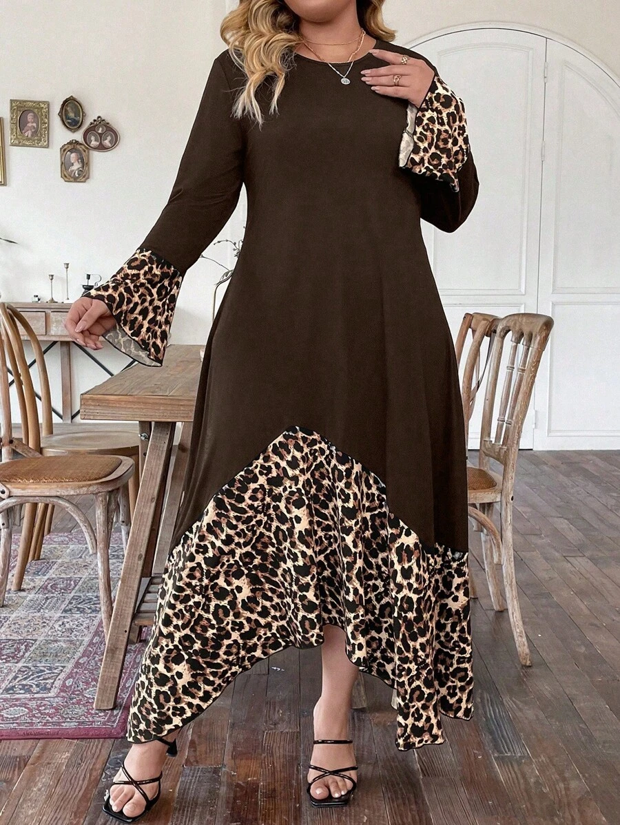 EMERY ROSE Kích thước lớn Mùa hè Vá lại In hoa Báo Viền không đối xứng Đầm - Cà phê nâu - Xem 1