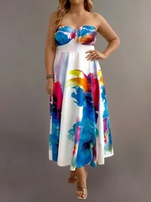 SHEIN LUNE Women Plus Size Colorful Printed Strapless Dress - Multicolor - View 3