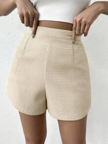 Chiquease Waffle Pleated Simple Casual Summer Straight Shorts - Khaki - View 4