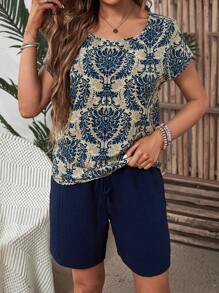 EMERY ROSE Conjunto de top de manga de murciélago con estampado y shorts con cordón en la cintura para mujer, conjunto de dos piezas para verano - Azul - Ver 6