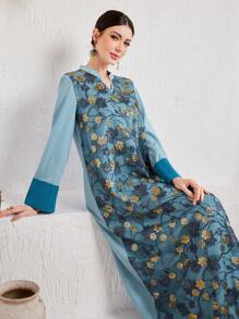 Al Najma Women's Glitter Embroidery Patchwork Notched Dress With Slit Kaftan Jalabiya Dress - Blue - View 7