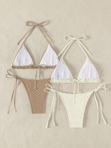 SHEIN Swim Bộ bikini xẻ tà họa tiết màu trơn, bãi biển mùa hè - Nhiều màu - Xem 2