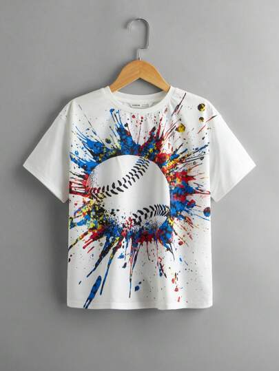 تي شيرت قطني بطباعة البيسبول مع كتف منخفض لفترة المراهقة الوسطى