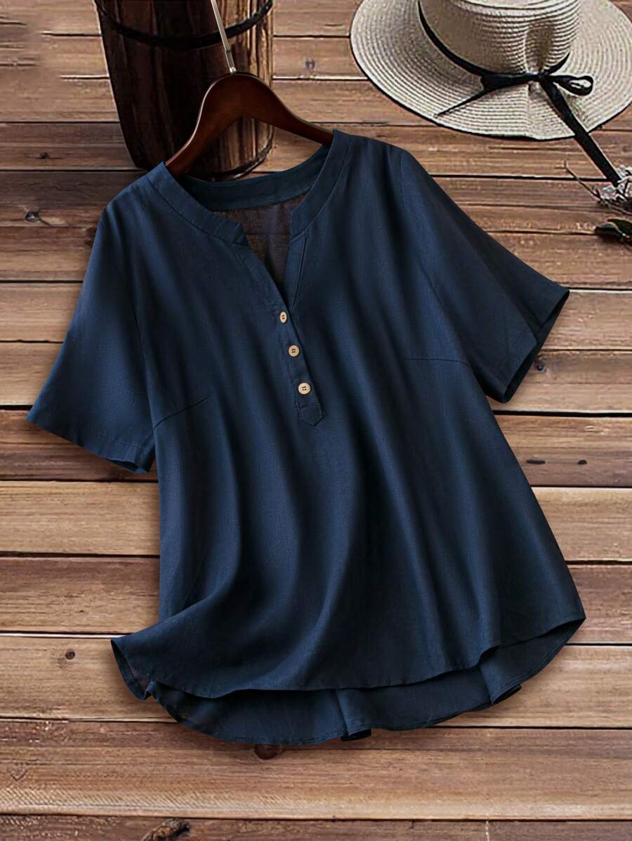 SHEIN LUNE Kích thước lớn Mùa hè Màu thuần Cổ chữ V Giải trí Áo sơ mi Với Cổ áo có khía - Màu xanh lam - Xem 1