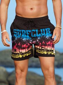 Surfspeed Men's Elastic Waist Drawstring Palm Tree Printed Beach Shorts - Black - View 7