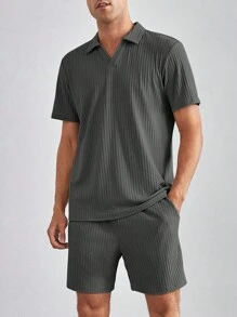 Manfinity VCAY 夏季鬆身男士純色短袖T恤和短褲套裝 - 深灰色 - 查看 1