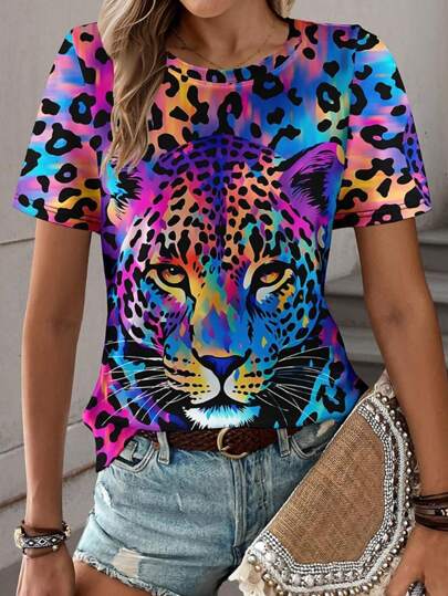 Camiseta de manga corta con estampado de leopardo casual, estilo de resort de moda, primavera/verano