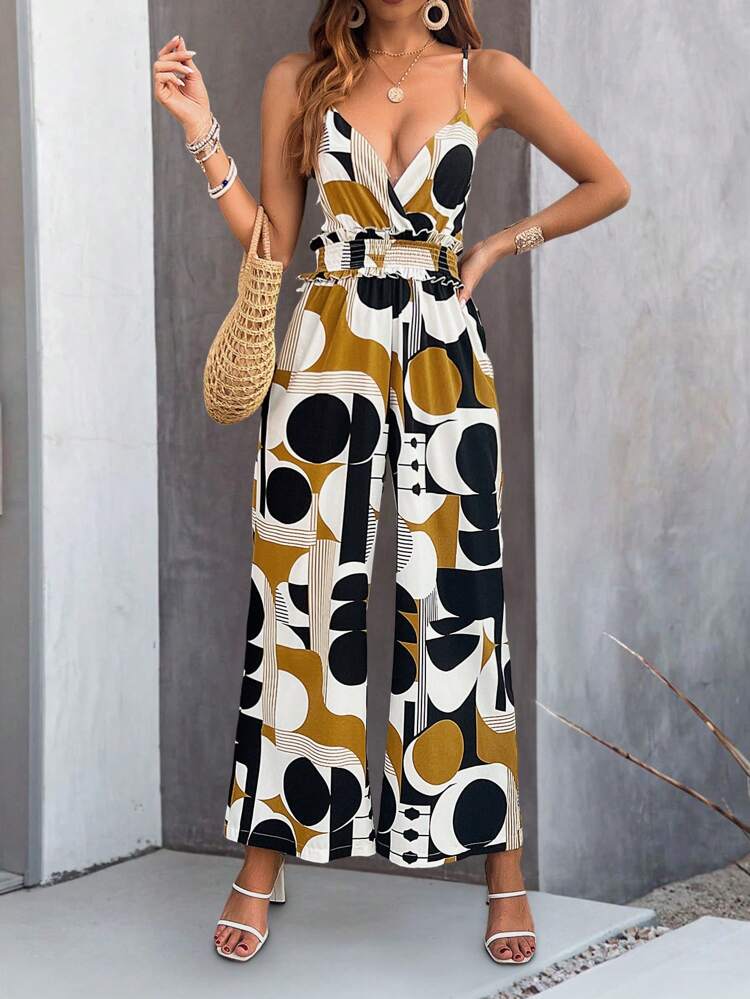 Women's Geometric Printed Halter Jumpsuit With Flounce Hem