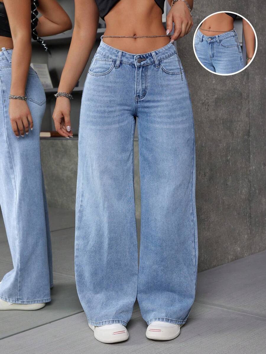 SHEIN ICON Low Waist Solid Color Wide Leg Jeans