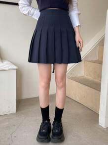 DAZY Women Fashionable Academy Style Solid Color Pleated Skirt Fall - Navy Blue - View 4