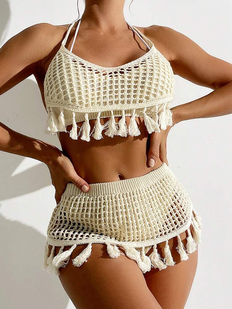 Summer Casual Holiday Hollow Out Knitted Fringed Tassel Hem Halter Top And Skirt Cover Up