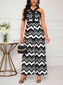 SHEIN Lady Women Summer Wide-Leg Wave Striped Printed Halter Jumpsuit With Neck Strap