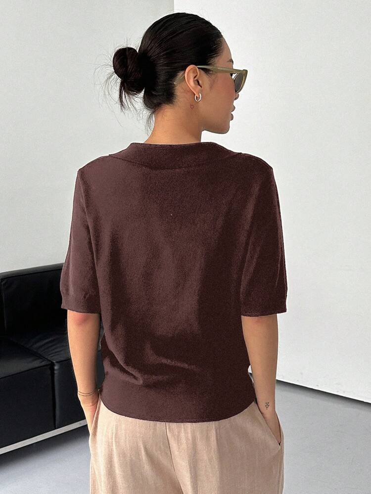 Women's Spring/Summer Plain Short Sleeve Polo Collar Loose Knit Top