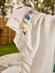 SHEIN Swim Robe d'été ample à manches chauve-souris avec motif floral pour femmes, idéale pour la plage - Blanc - Voir 5