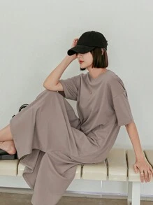 Dazy-Less Vestido casual de verano para mujer con cuello redondo, mangas cortas, hombros caídos y unicolor. Vestido casual y de negocios casual para mujeres