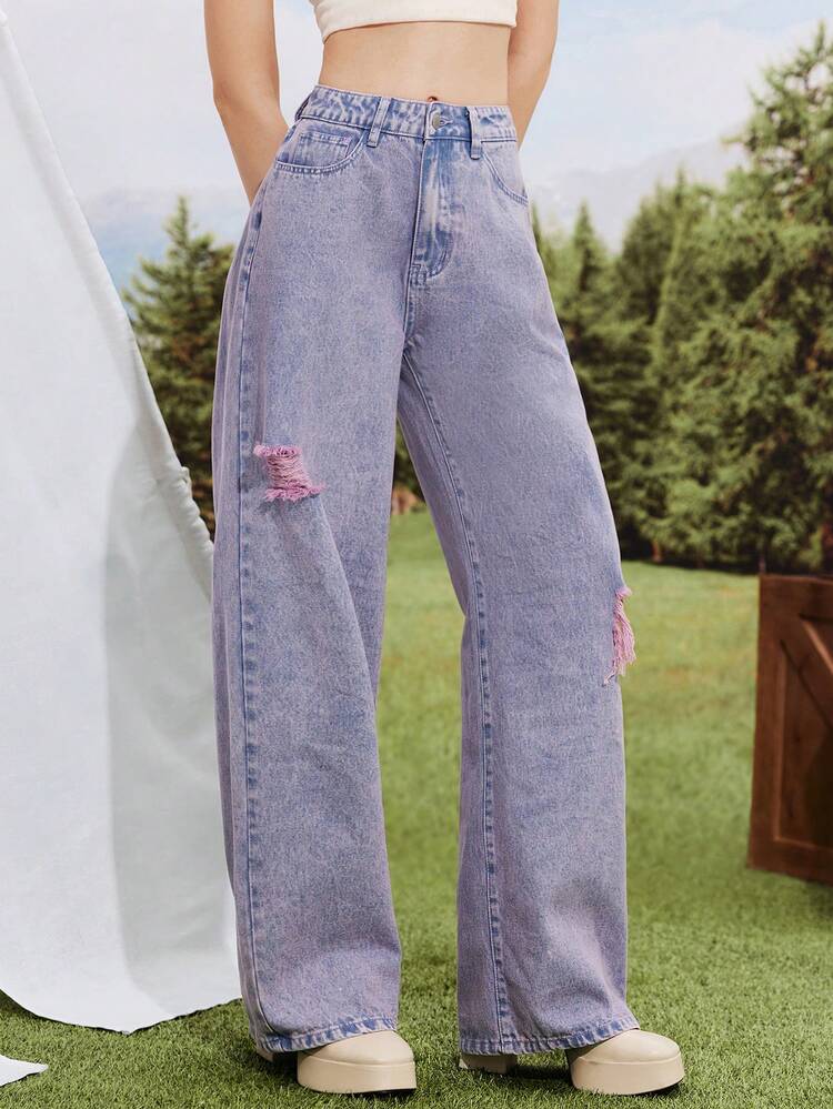 Ladies' Distressed, Washed Out, Straight Leg Jeans With Ripped Hole Detail