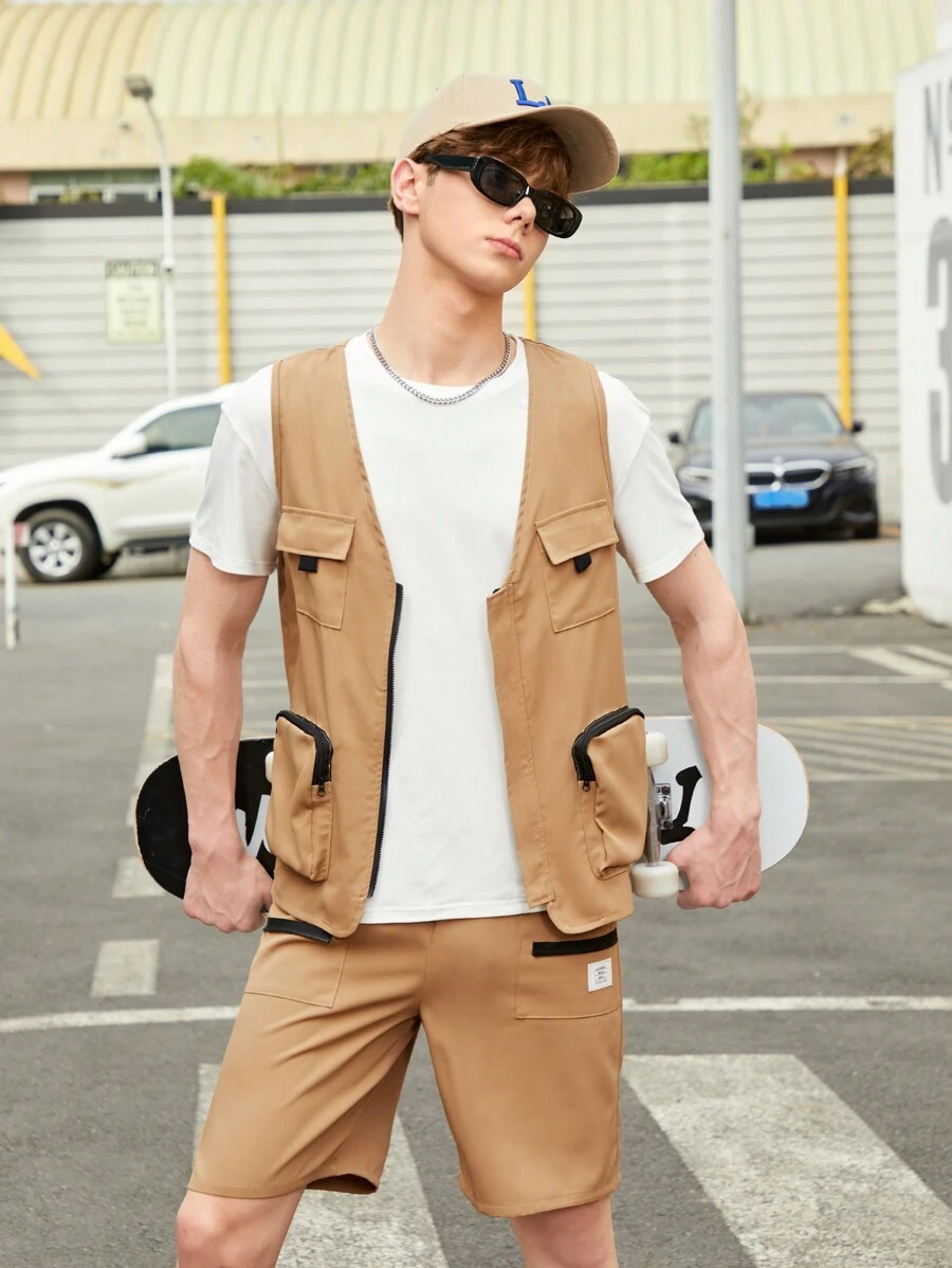 Teen Boy's Work Vest And Shorts Set - Khaki - View 1