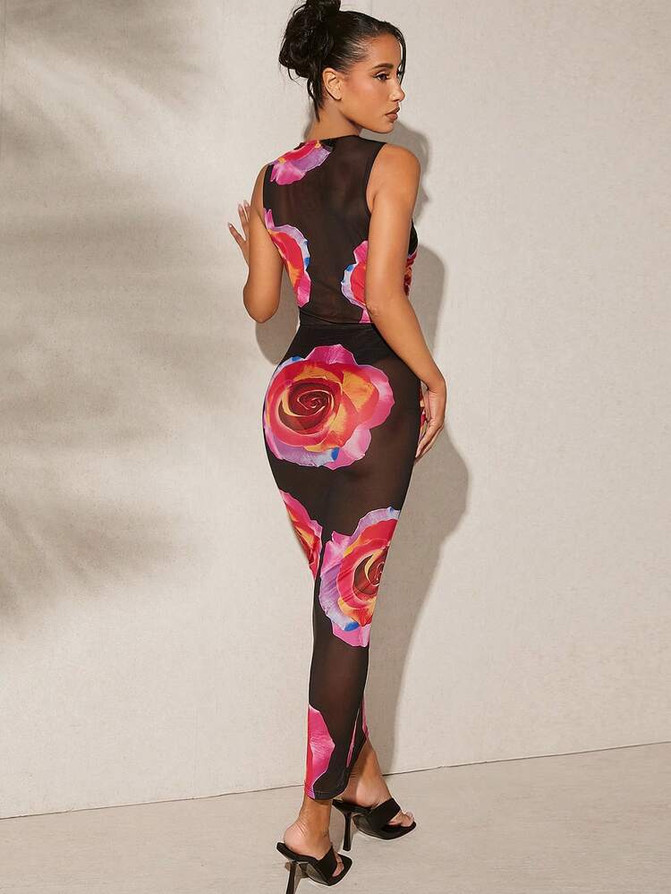 Floral Crisscross Neck Cut Out Dress