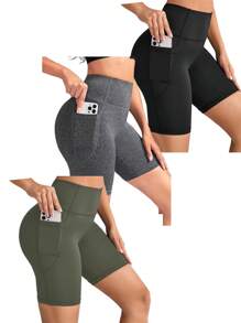 Easithlete Solid Color High-Waisted Slim Fit Sports Shortsbiker Shorts - Black - View 1