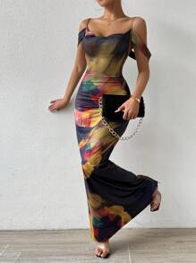 Chiquease 复古印花露肩美人鱼连衣裙，春夏长款女装