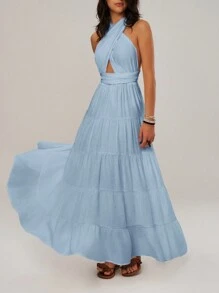 Bohemela Vacation Hollow Out Halter Neckline A-Line Dress With Elastic Waist - Baby Blue - View 3