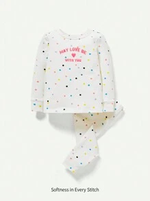 Cozy Pixies 女嬰緊身睡衣心型印花圓領長袖上衣鬆緊腰帶長褲套裝 - 白色 - 查看 1