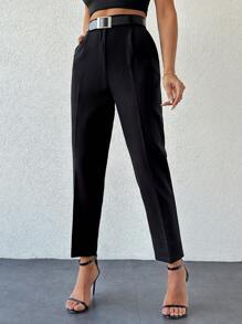 EURMUSE Women Creased Straight Leg Trousers With Slanted Pockets - Black - View 5