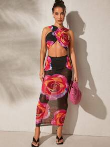 SHEIN Unity Floral Crisscross Neck Cut Out Dress