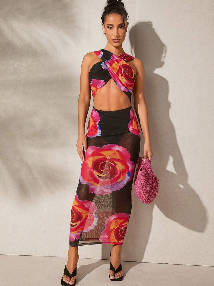 Floral Crisscross Neck Cut Out Dress