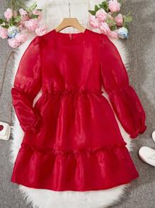 青少女褶邊網紗裙裝 - 酒紅色 - 查看 1
