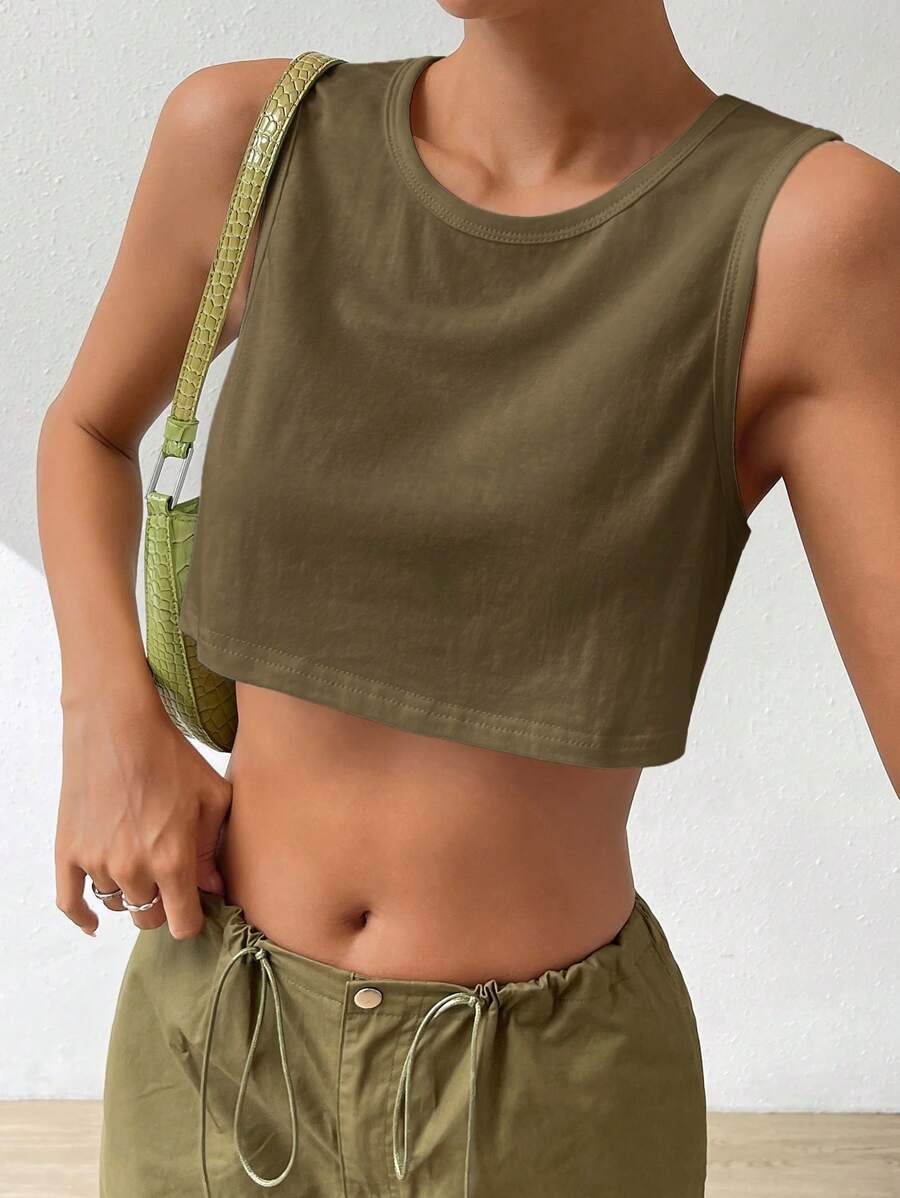 Muchica Áo crop top cổ tròn màu trơn mùa hè cho nữ - xanh quân đội - Xem 1
