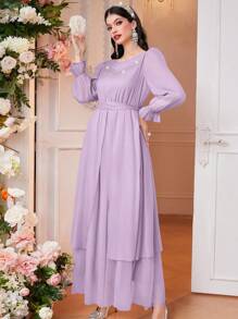 Modelyn Damen Arabisches Kleid mit Strass Dekoration, Rüschenärmeln und Taillengürtel Abendkleid