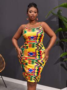 SHEIN Clasi Plus Size Boho Geometric Patchwork & Printed Bodycon Cami Dress, For Summer - Multicolor - View 1
