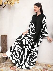 Al Najma 女士时尚花朵印花长袖阿拉伯朴素连衣裙 - 黑色 - 查看 6