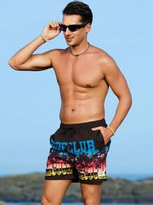 Surfspeed Men's Elastic Waist Drawstring Palm Tree Printed Beach Shorts - Black - View 6