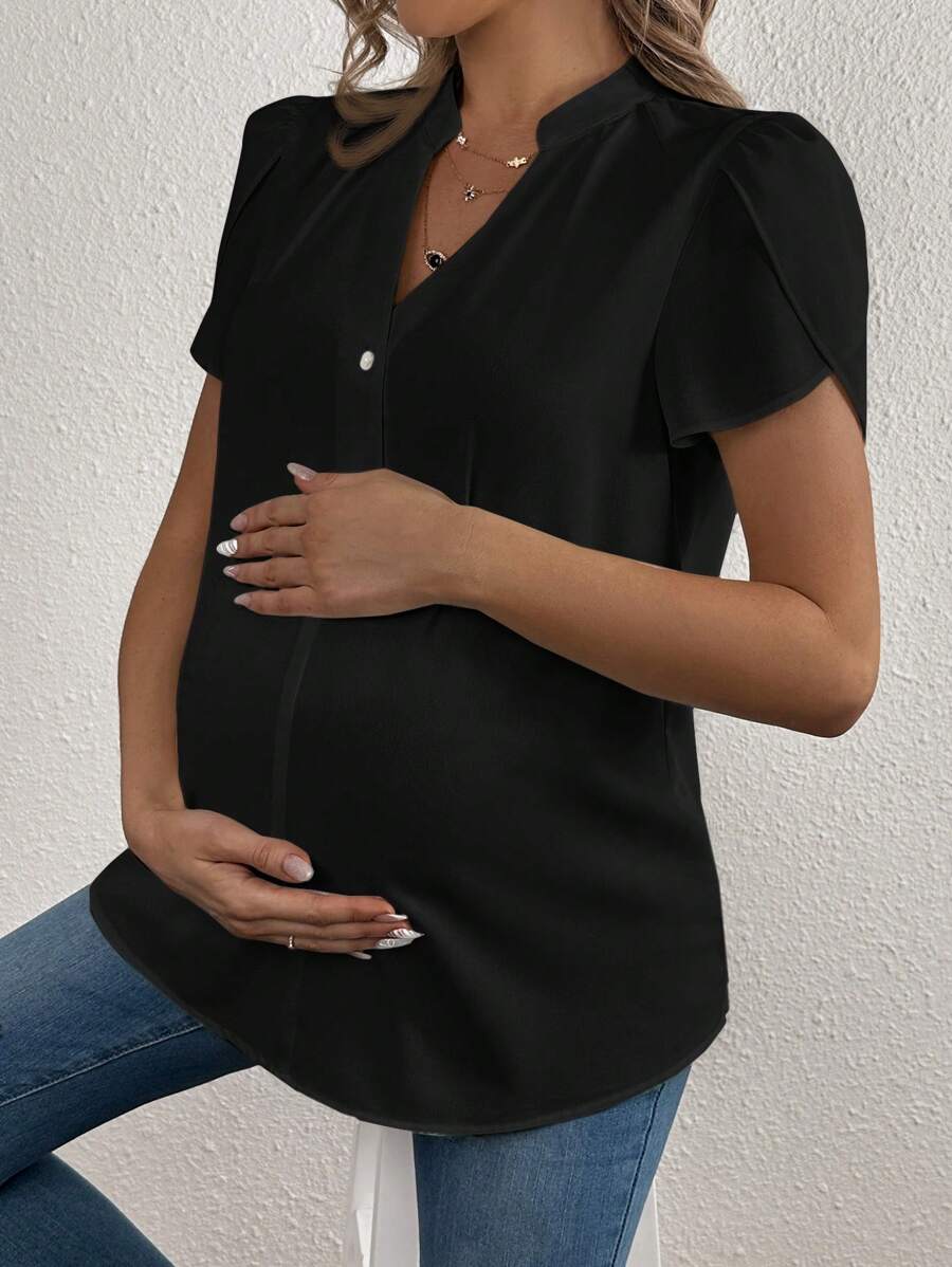 SHEIN Maternity Summer Casual Notched Button Front Short Sleeve Shirt With Notched Collar - Black - View 1